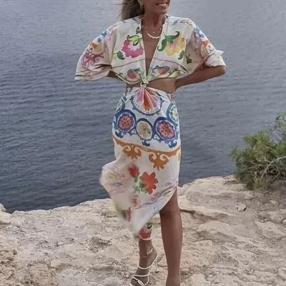 07 Boho Floral Tropical Print Cut out Short Sleeve Dress - Picture 5 of 7